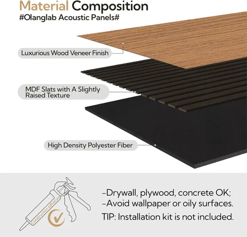 Miniatura 4 de Olanglab Paquete de 4 paneles de pared de madera acústica, paneles de pared de listones de madera con amortiguación de sonido, 23.6 x 47.2 pulgadas