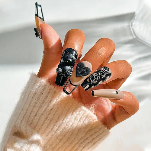 Miniatura 4 de Uñas postizas largas con diamantes de imitación rojos con cristales de corazón 3D, degradadas, hechas a mano, a presión, para salón de uñas, uñas