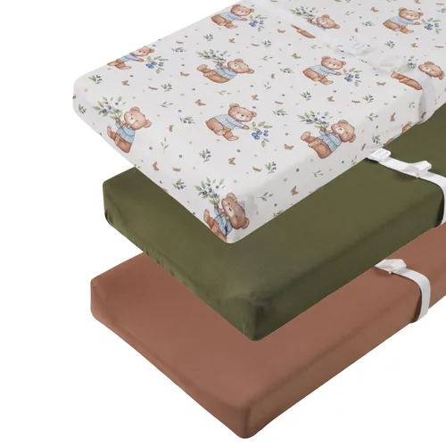 Juego de 3 fundas para cambiador, tejido de punto ultra suave para bebés, niños y niñas, marrón/verde claro/hoja de oso