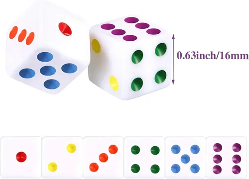 Miniatura 2 de Gejoy Juego de 50 dados de seis caras de 0.632 pulgadas (0.630 in), color blanco con puntas multicolores, juego de dados de esquina cuadrada