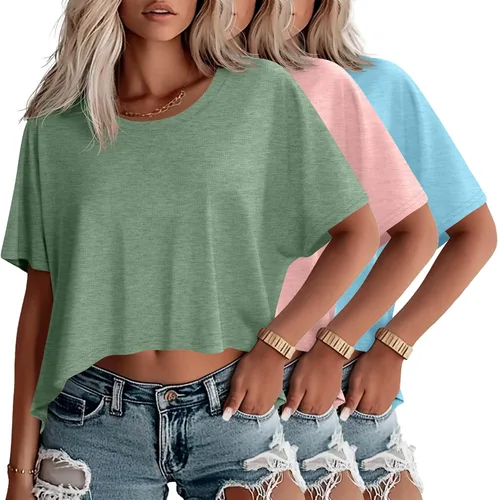 Miniatura 23 de Huukeay Paquete de 3 camisetas recortadas de gran tamaño para mujer, manga corta, holgadas, cuello redondo, holgadas, para entrenamiento
