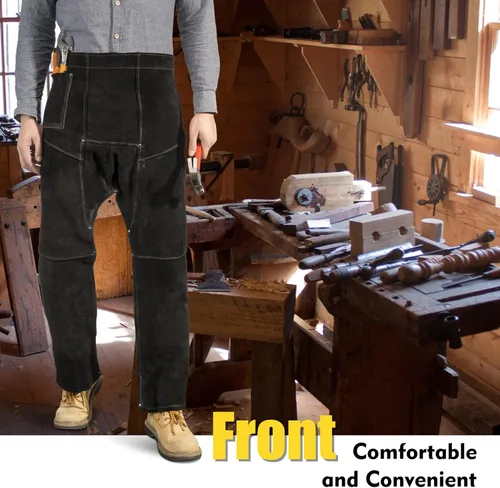 Miniatura 7 de Pantalones de soldadura de cuero, resistentes al calor y al fuego, protección de piernas de cuero dividido para hombres y mujeres, ajustables de M a
