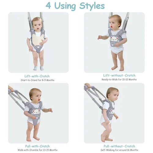 Miniatura 5 de Arnés de mano para caminar para bebé, cinturón ajustable para niños pequeños, arnés para caminar de pie y caminar, ayudante de aprendizaje con Gris