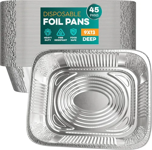 Sartenes de aluminio de 9 x 13 pulgadas (paquete de 45) bandejas de papel de aluminio – Sartenes desechables para hornear, asar a la parrilla, asar,