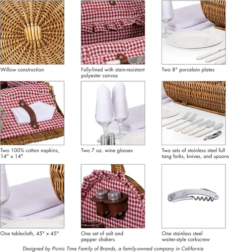 Miniatura 9 de Picnic TIME Cesta de picnic de mimbre para 2, romántica cesta de mimbre de madera redondeada de estilo inglés con servicio de lujo para 2