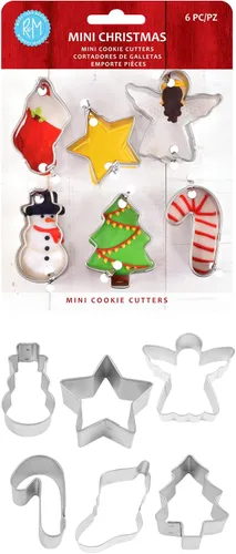 Miniatura 2 de R&M International Mini cortadores de galletas de Navidad, muñeco de nieve, medias, estrella, bastón de caramelo, árbol, ángel, juego de 6 piezas