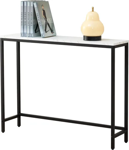 Miniatura 11 de loglus Mesa consola para entrada, Mesa de sofá de MDF de mármol sintético con marco dorado (doble capa, marco negro)
