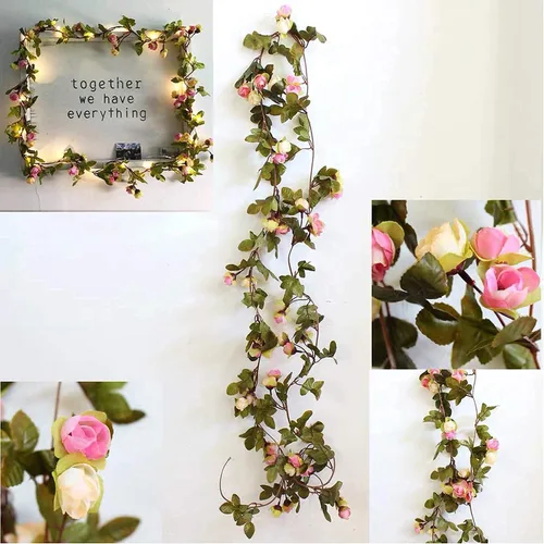 Miniatura 2 de Fielegen Guirnalda de 20 luces LED de flores artificiales de 7.2 pies con pilas, guirnalda de flores artificiales con luces de vid de rosas