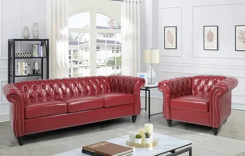 Miniatura 16 de RARZOE Moderno sofá Chesterfield de poliuretano de 3 plazas, sofá Chesterfield tapizado de piel con botones capitoné, sofá clásico de piel sintética