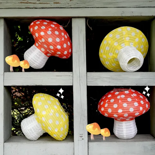 Miniatura 3 de Paquete de 6 linternas de papel de hongo, faroles de papel grandes de Cynzia con temática de selva del país de las maravillas, adorno colgante