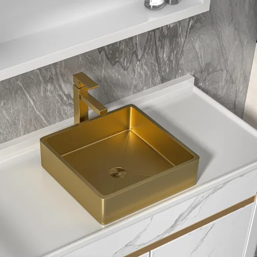Miniatura 14 de Fregadero de recipiente blanco redondo - Fulorni 33x33 cm Lavabo de baño de cerámica de porcelana con borde dorado sobre encimera, fregadero