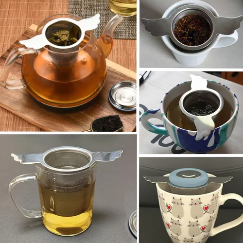 Miniatura 4 de 3 unidades de malla extra fina infusor de té con tapa/bandeja de goteo para té rooibos de hojas sueltas, filtro de té y café de acero inoxidable 304