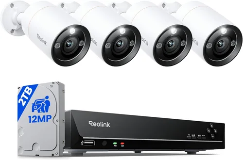 REOLINK Sistema de cámaras de seguridad con cable de 12MP, 4 piezas H.265 Cámaras de vigilancia PoE de 12 megapíxeles UHD, detección de personas,