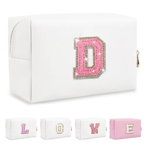 Miniatura 342 de Pequeña bolsa de maquillaje personalizada con inicial A-Z Preppy Patch, bolsa de cosméticos de viaje de felpilla blanca con cremallera, bonita bolsa