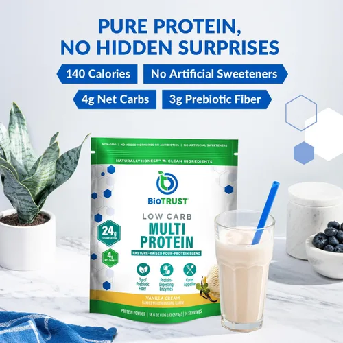 Miniatura 3 de BioTrust Proteína en polvo baja en carbohidratos, mezcla natural y deliciosa de suero y caseína de vacas alimentadas con pasto, sin OMG, sin soja