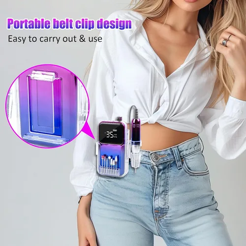 Miniatura 6 de Taladro de uñas eléctrico profesional, portátil, 35000 rpm, color degradado, lima de uñas eléctrica con pantalla LCD, taladros de uñas recargables