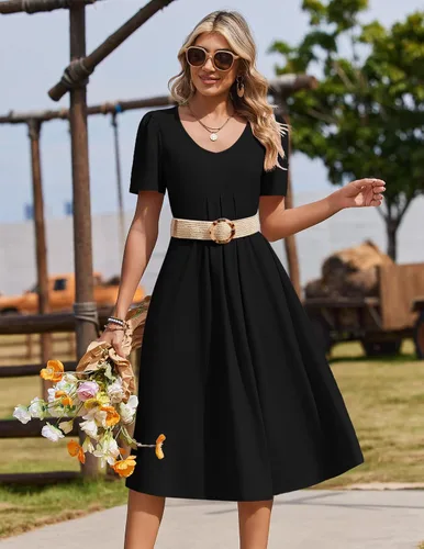 Miniatura 5 de Zeagoo Vestido de verano para mujer, casual, floral, midi, con bolsillos, cuello en V, plisado, manga corta, estilo alineado, para vacaciones