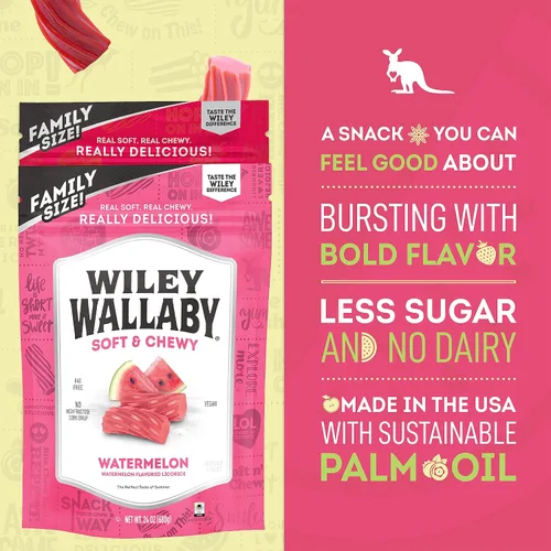 Miniatura 4 de Wiley Wallaby 24 onzas Paquete de variedad de regaliz gourmet clásico australiano de sabor rojo y sandía, suave y masticable, 2 paquetes