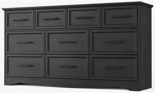 Miniatura 22 de YANSNWO Cómoda de Granja Negra para Dormitorio, Moderna Cómoda de 6 Cajones, Cómoda Alta de 44" con Manijas de Metal Cepillado, Organizadores