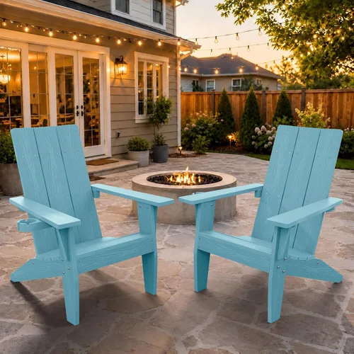 Miniatura 29 de MXIMU Silla Adirondack moderna resistente a la intemperie con portavasos, sillas de gran tamaño para hogueras Adorondic de plástico al aire libre