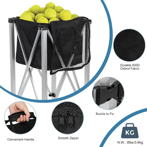 Miniatura 4 de Anvazise Tolva de pelota de tenis con capacidad para 160 bolas, cesta plegable para pelotas de tenis con ruedas y bolsillos laterales extraíbles
