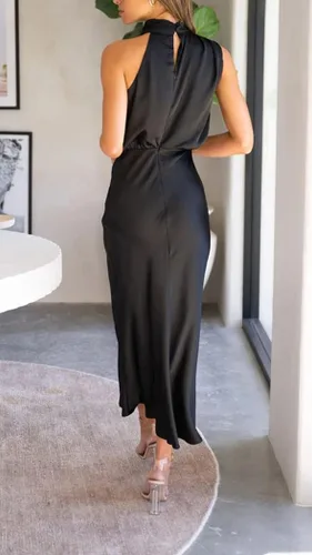 Miniatura 4 de KAYWIDE Vestido largo de satén sin espalda para mujer, elegante, sin mangas, de verano, color sólido, cóctel, invitada de boda