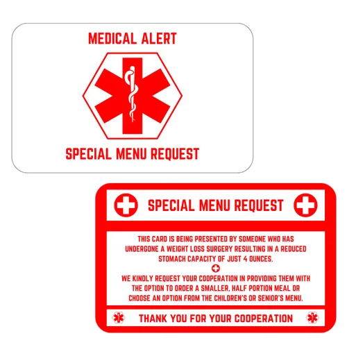 Tarjeta bariátrica para restaurantes, tarjeta de solicitud de menú especial, control de porciones, solicitud de restaurante para pacientes Blanco
