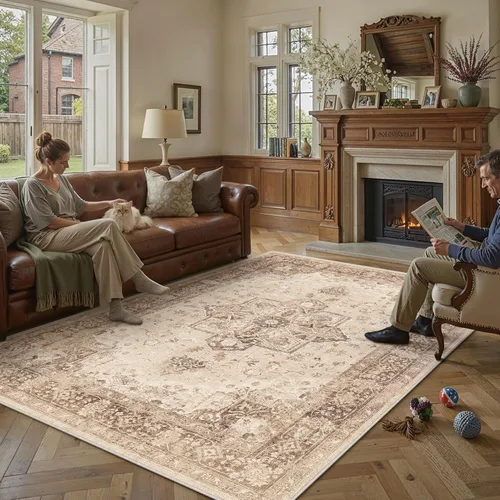 Miniatura 22 de PureCozy - Alfombra de área beige de 8 x 10, lavable, vintage, alfombra para sala de estar, dormitorio, gran alfombra suave retro de pelo bajo