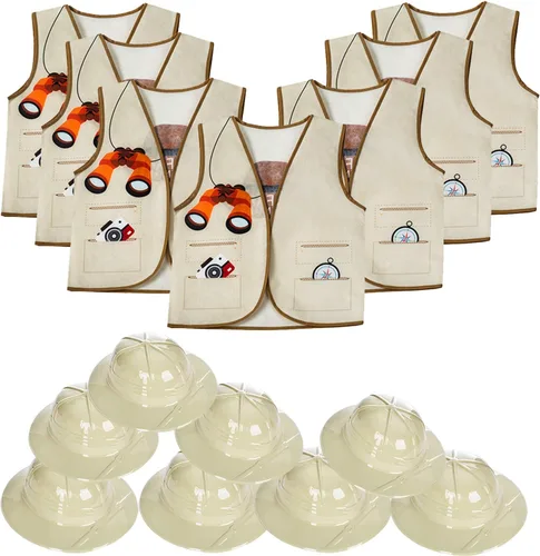 Tigerdoe Cascos Pith – 8 chalecos de safari y 8 sombreros para niños – Suministros de fiesta de selva – Recuerdos de fiesta de safari – Disfraces