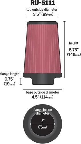 Miniatura 2 de K&N RU-5111 - Filtro de aire universal con sistema de abrazaderas redondas cónicas; diámetro interno de la brida 3 pulgadas (76 mm); altura 5.75