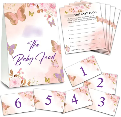 Find The Baby Food Party Games, juego de mariposa para baby shower (1 letrero de pie + 20 tarjetas de respuesta + 6 tarjetas de números), color rosa