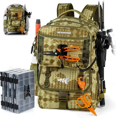 Miniatura 12 de KastKing BaitSpace 50L Mochila para equipo de pesca con encuadernador de cebo removible, 2 soportes para cañas, almacenamiento para equipo y H