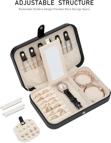 Miniatura 4 de Joyero pequeño, joyero de viaje portátil para mujer, mini organizador de viaje de 2 capas, regalo para mujeres y niñas, negro A