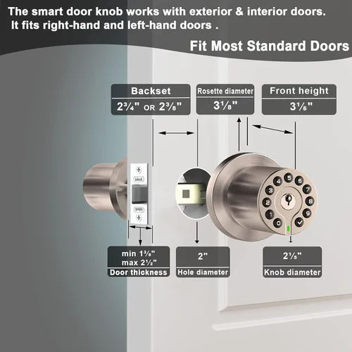 Miniatura 6 de iulock Pomo electrónico impermeable para puerta con teclado y llave, bloqueo automático, níquel satinado, 50 códigos, fácil de usar e instalar