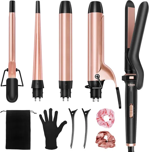 Ufree Rizador 5 en 1 con cilindros de cerámica intercambiables (0.35"-1.25"), juego de varita rizadora con plancha alisadora de cabello, Oro rosa