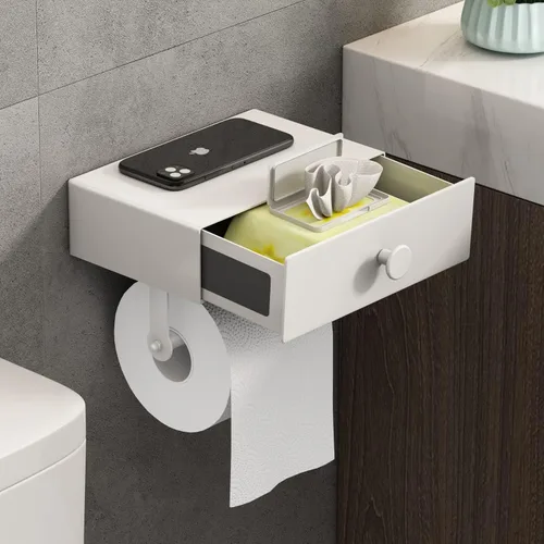 Miniatura 12 de VOLDRA Soporte de papel higiénico con estante dispensador de toallitas grises para baño, soporte de papel higiénico con diseño de cajón