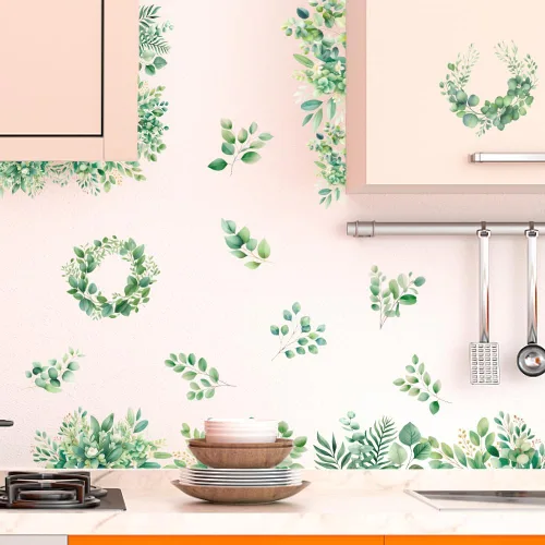 Miniatura 4 de SUPERDANT - 4 hojas de calcomanías de pared de hojas verdes de hojas de eucalipto, acuarela, plantas, despegar y pegar, calcomanías de vinilo
