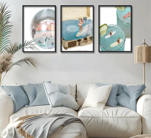 Miniatura 2 de 3 piezas de lienzo azul de moda preppy arte de pared retro de bola de discoteca estética bar carro póster impreso ilustraciones azul costero niña
