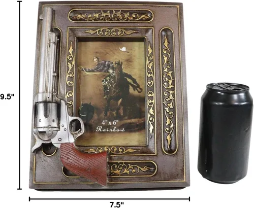 Miniatura 6 de Ebros Gift Rústica pistola del oeste salvaje oeste con volutas florales doradas, madera sintética, marco de fotos de 4 x 6 pulgadas, marco de fotos
