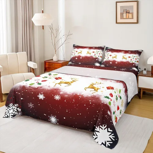 Juego de sábanas de Navidad para niños, 3 piezas, tamaño individual, juego de ropa de cama con estampado de alce dorado y árboles de regalo para