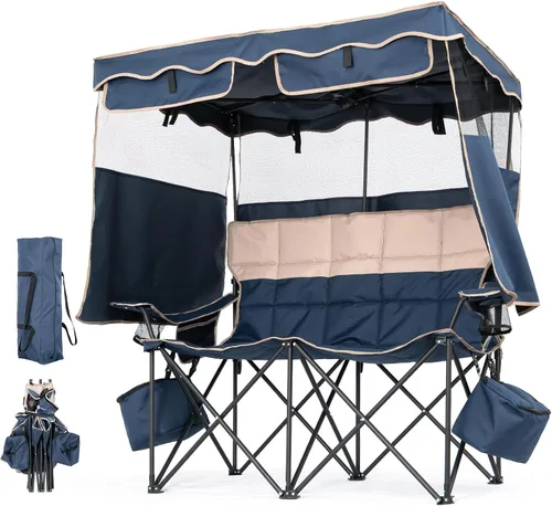 Miniatura 11 de ABORON Silla de camping con toldo, silla de playa plegable con sombra, silla portátil para exteriores con portavasos y bolsa refrigeradora