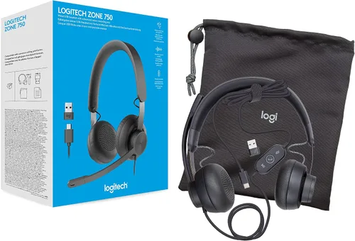 Miniatura 7 de Logitech Zone 750 Auriculares con cable para la oreja con micrófono avanzado de cancelación de ruido, USB-C simple y adaptador USB-A incluido
