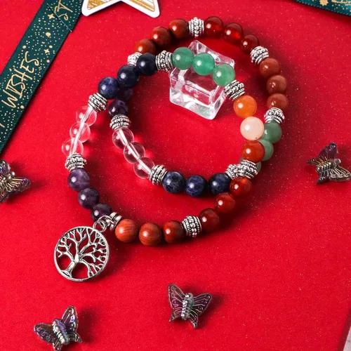Miniatura 3 de Eigso Pulsera elástica de piedra de cristal de meditación curativa de 7 chakras para mujer con símbolo de loto, yoga, árbol, OM