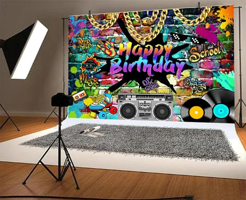Miniatura 3 de Telón de fondo de cumpleaños de Hip Hop de 5 x 3 pies, tema de los años 80 y 90, graffiti de ladrillo de roca, fondo de fotos retro para fiesta