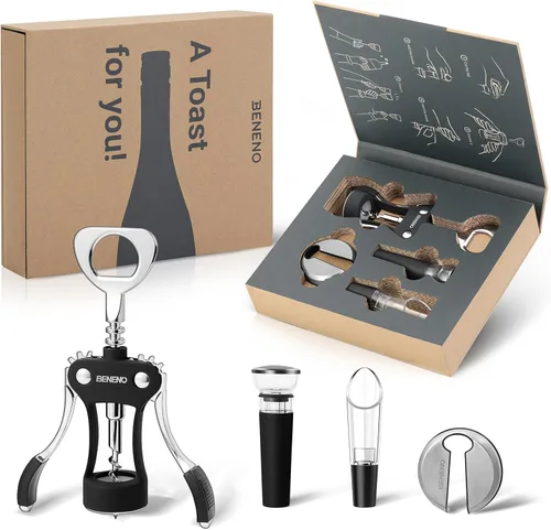 Miniatura 18 de Beneno Abridor multifuncional de botellas de vino con ala de regalo, sacacorchos, cortador de aluminio, tapón al vacío y vertedor aireador, perfecto