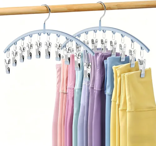 Miniatura 17 de Organizador de leggings para armario, colgador de metal para pantalones de yoga con revestimiento de goma, paquete de 2 con 10 clips para 20 Morado
