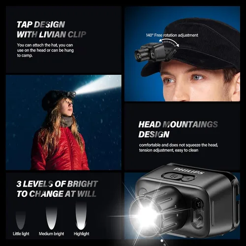 Miniatura 3 de PHILIPS SFL3183RH - Linterna frontal LED recargable, luz de flash impermeable para exteriores, accesorios de campamento, 6 modos para senderismo