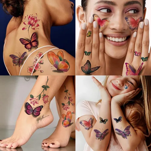Miniatura 2 de 60 hojas de tatuajes temporales de flores 3D de mariposas para mujeres y niñas, calcomanías de tatuaje de rosas coloridas, impermeables