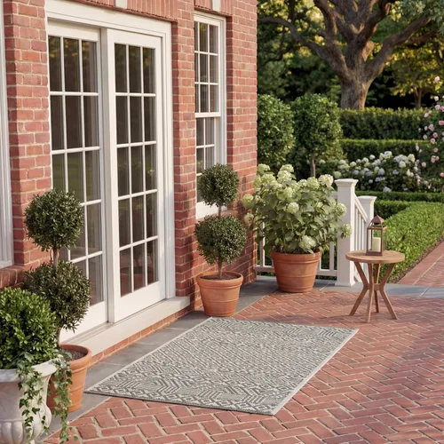 Miniatura 59 de SAFAVIEH Alfombra lavable para exteriores, colección Courtyard de 2.3 x 6.7 pies, beige y azul aguamarina, no desprende pelusa y es fácil