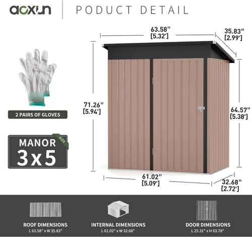 Miniatura 4 de Aoxun Caseta metálica de almacenamiento para exteriores, 4.6 x 2.5 pies, para jardín, para botes de basura, herramientas y bicicletas, color marrón